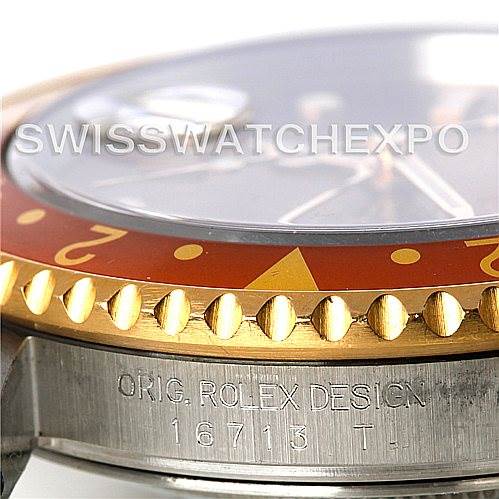 The image shows a side view of a Rolex GMT-Master 16713 Men's Stainless Steel Brown Dial 16713 Men's Stainless Steel Brown Dial watch, highlighting the bezel, crystal, crown, and model engraving.