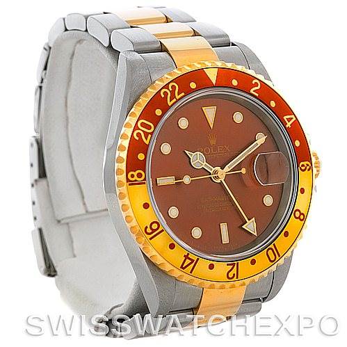 This image shows a Rolex GMT-Master 16713 Men's Stainless Steel Brown Dial 16713 Men's Stainless Steel Brown Dial watch at a three-quarter angle displaying the watch case, dial, bezel, and part of the bracelet.