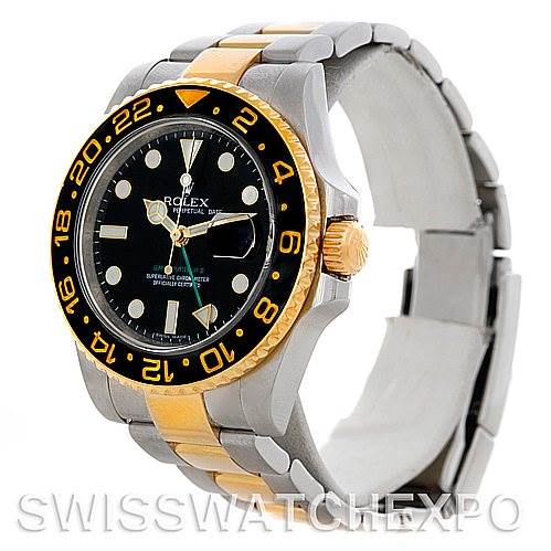 The image shows a Rolex GMT-Master 116713 Men's Stainless Steel Black Dial 116713 Men's Stainless Steel Black Dial watch with a two-tone bracelet, black dial, and bezel from a front-left angle.