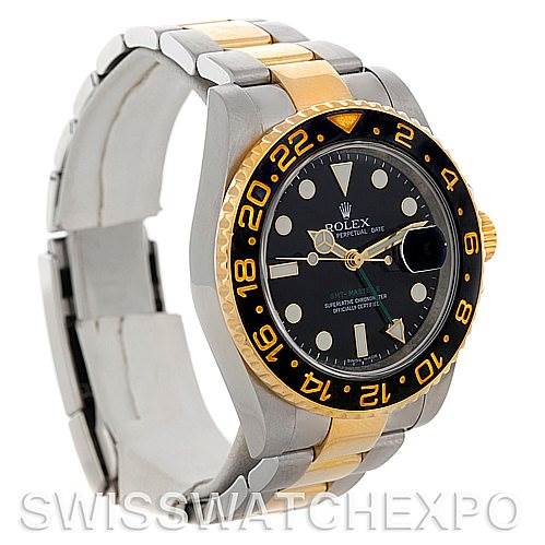 The image shows a side angle of a Rolex GMT-Master 116713 Men's Stainless Steel Black Dial 116713 Men's Stainless Steel Black Dial watch, highlighting its bezel, dial, and bracelet.