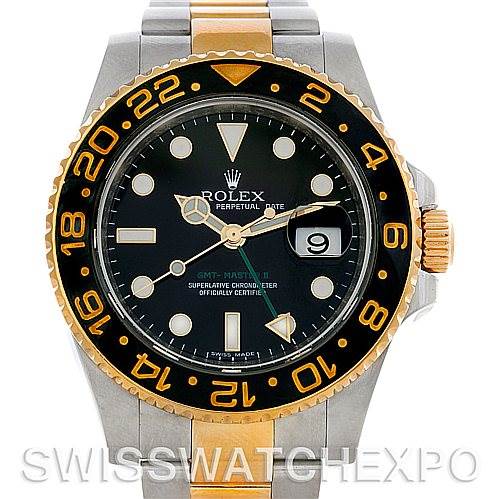 This image shows the front view of a Rolex GMT-Master 116713 Men's Stainless Steel Black Dial 116713 Men's Stainless Steel Black Dial watch, highlighting its bezel, dial, hands, and date window.