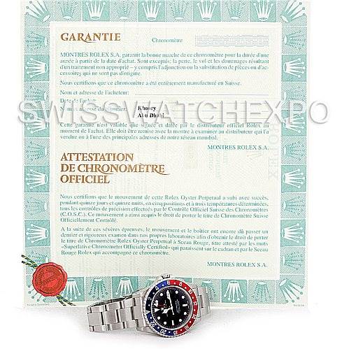 The image shows a Rolex GMT-Master 16710 Men's Stainless Steel Black Dial 16710 Men's Stainless Steel Black Dial watch along with its warranty and chronometer certificate.