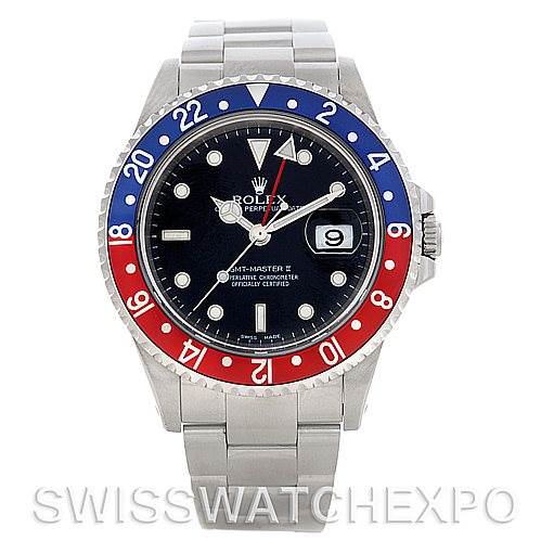 The image shows a front view of a Rolex GMT-Master 16710 Men's Stainless Steel Black Dial 16710 Men's Stainless Steel Black Dial watch displaying the face, bezel, case, and bracelet.