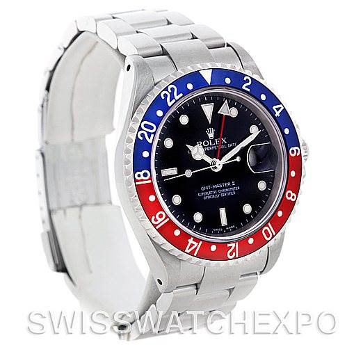 The image shows a Rolex GMT-Master 16710 Men's Stainless Steel Black Dial 16710 Men's Stainless Steel Black Dial watch at a slight angle, displaying its face, bezel, and stainless steel bracelet.