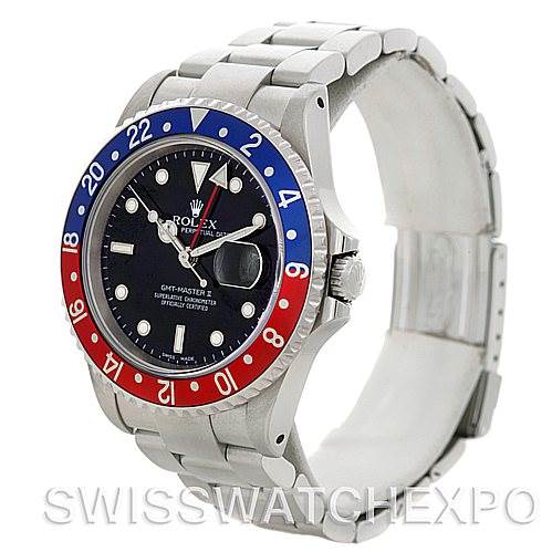The image shows a side angle of a Rolex GMT-Master 16710 Men's Stainless Steel Black Dial 16710 Men's Stainless Steel Black Dial watch, highlighting its bezel, dial, and bracelet.