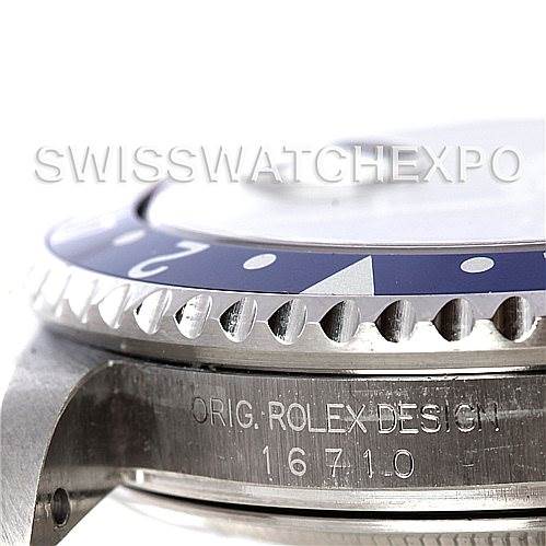 This image shows a close-up angle of the bezel and case side of the Rolex GMT-Master 16710 Men's Stainless Steel Black Dial 16710 Men's Stainless Steel Black Dial model, with the model number and "Orig. Rolex Design" engraving visible.