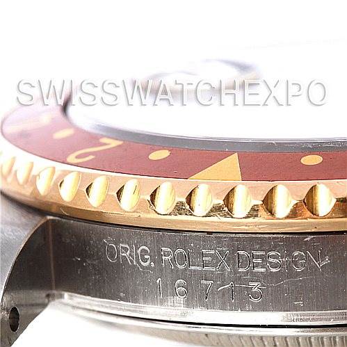 This is a close-up angle of the Rolex GMT-Master 16713 Men's Stainless Steel Brown Dial 16713 Men's Stainless Steel Brown Dial model, showing the bezel and the "ORIG. ROLEX DESIGN" inscription with model number 16713.