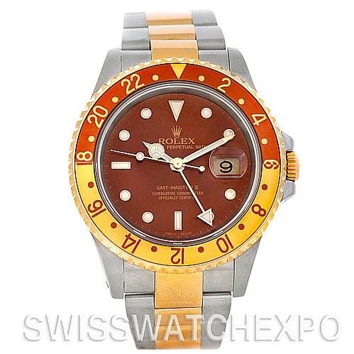 This image shows a front view of a Rolex GMT-Master 16713 Men's Stainless Steel Brown Dial 16713 Men's Stainless Steel Brown Dial watch, highlighting the dial, bezel, and bracelet.