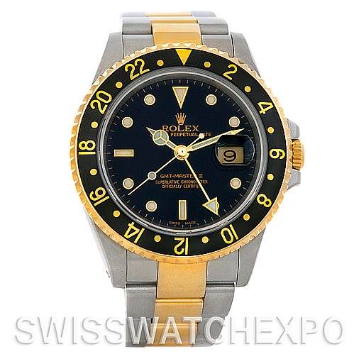 The Rolex GMT-Master 16713 Men's Stainless Steel Black Dial 16713 Men's Stainless Steel Black Dial watch is shown from the front, displaying the dial, bezel, hands, and bracelet.
