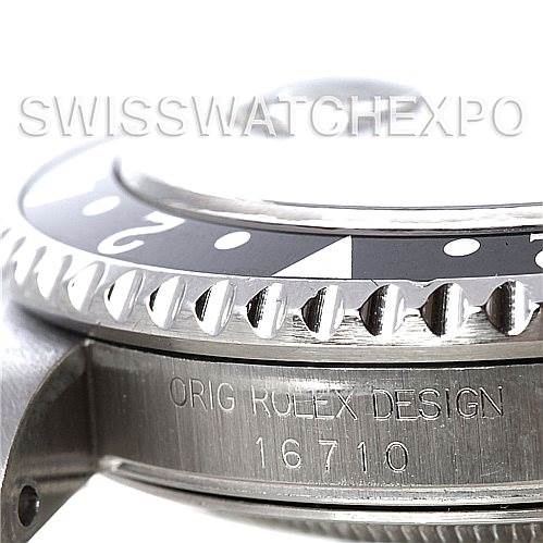 The image shows a close-up side view of a Rolex GMT-Master 16710 Men's Stainless Steel Black Dial 16710 Men's Stainless Steel Black Dial model, focusing on the bezel and case engraved with "ORIG ROLEX DESIGN 16710".