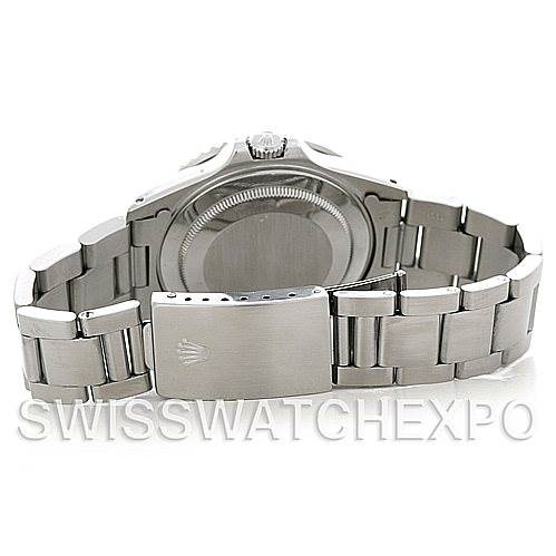 The image shows the backside and bracelet clasp of a Rolex GMT-Master 16710 Men's Stainless Steel Black Dial 16710 Men's Stainless Steel Black Dial watch.