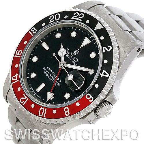 The image shows a Rolex GMT-Master 16710 Men's Stainless Steel Black Dial 16710 Men's Stainless Steel Black Dial watch at an angled view, highlighting its bezel, dial, hour markers, and part of the bracelet.