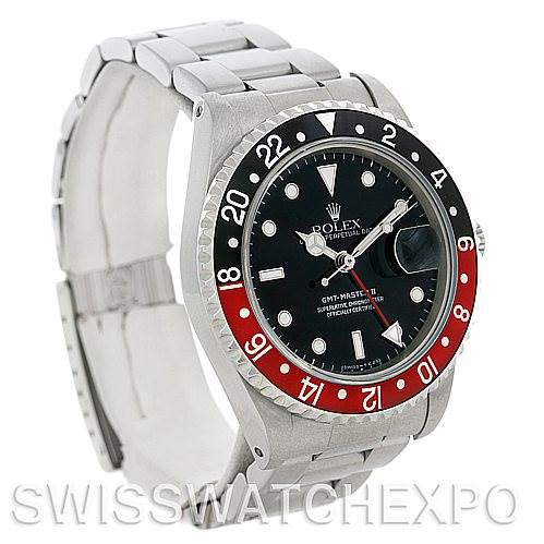 The image shows a side and front-angle view of a Rolex GMT-Master 16710 Men's Stainless Steel Black Dial 16710 Men's Stainless Steel Black Dial II watch, displaying the bezel, dial, and bracelet.