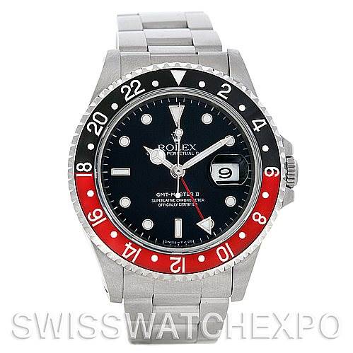 The image shows a Rolex GMT-Master 16710 Men's Stainless Steel Black Dial 16710 Men's Stainless Steel Black Dial II watch from the front angle, displaying the dial, bezel, and bracelet.