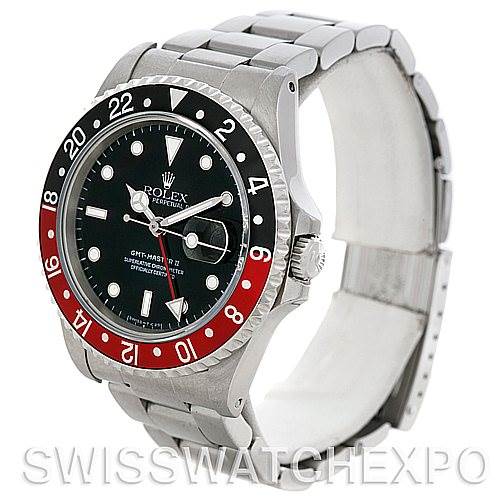 This image shows a Rolex GMT-Master 16710 Men's Stainless Steel Black Dial 16710 Men's Stainless Steel Black Dial watch at a 3/4 angle, displaying the dial, bezel, crown, and part of the bracelet.