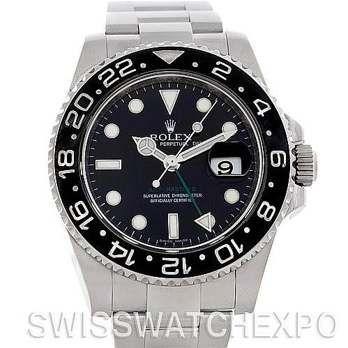 This image shows a front view of the Rolex GMT-Master 116710 Men's Stainless Steel Black Dial 116710 Men's Stainless Steel Black Dial watch, displaying the dial, bezel, hands, and bracelet.