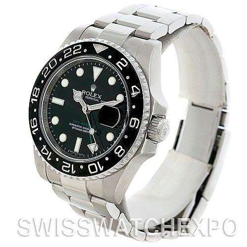 This image shows a side-angle view of a Rolex GMT-Master 116710 Men's Stainless Steel Black Dial 116710 Men's Stainless Steel Black Dial watch, displaying the face, bezel, crown, and part of the bracelet.
