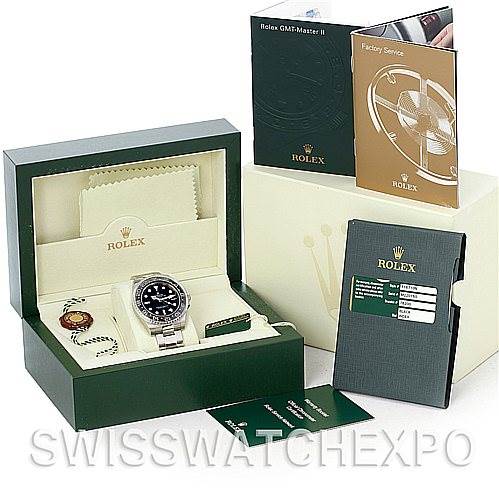 The image shows a Rolex GMT-Master 116710 Men's Stainless Steel Black Dial 116710 Men's Stainless Steel Black Dial watch and accessories including the box, manuals, tags, and warranty card, all laid out from an angled top view.