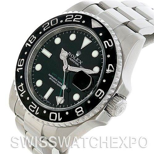 The image shows a close-up angled view of the Rolex GMT-Master 116710 Men's Stainless Steel Black Dial 116710 Men's Stainless Steel Black Dial watch, displaying the face, bezel, and part of the bracelet.