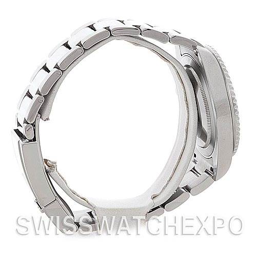 This side view of the Rolex GMT-Master 116710 Men's Stainless Steel Black Dial 116710 Men's Stainless Steel Black Dial shows the watch band, side case, and partially the bezel.