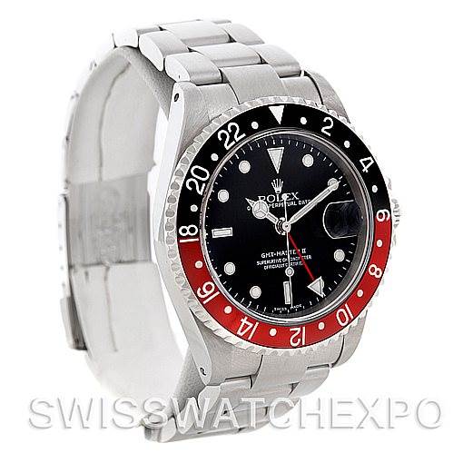 The Rolex GMT-Master 16710 Men
s Stainless Steel Black Dial 16710 Men
s Stainless Steel Black Dial II watch is shown from an angle highlighting its face, bezel, and part of the bracelet.