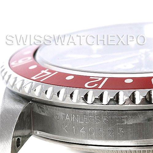 Close-up side angle of a Rolex GMT-Master 16710 Men
s Stainless Steel Black Dial 16710 Men
s Stainless Steel Black Dial watch showing the bezel, lugs, and serial number engraving on the case.