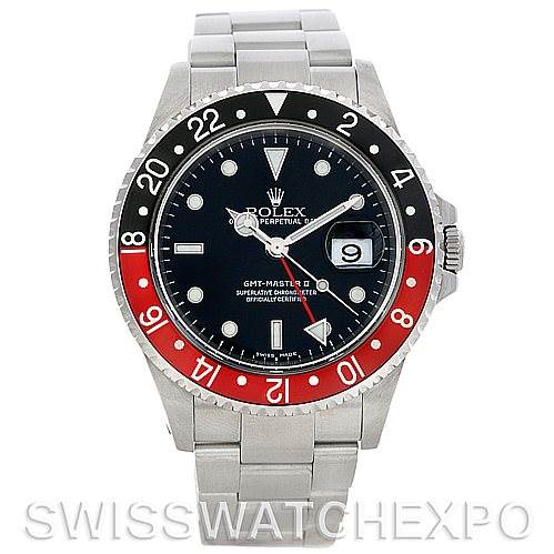 This image shows a front view of a Rolex GMT-Master 16710 Men
s Stainless Steel Black Dial 16710 Men
s Stainless Steel Black Dial II watch with a 
Pepsi
 bezel and stainless steel bracelet.
