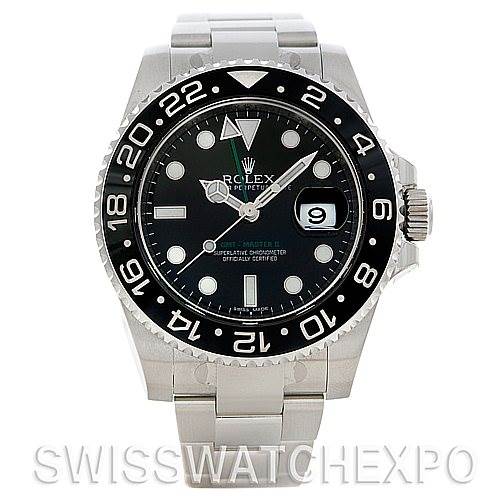 The image shows a front view of the Rolex GMT-Master 116710 Men's Stainless Steel Black Dial 116710 Men's Stainless Steel Black Dial watch, displaying the face, bezel, crown, and bracelet.