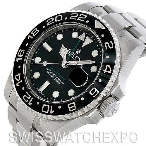 This image shows a Rolex GMT-Master 116710 Men's Stainless Steel Black Dial 116710 Men's Stainless Steel Black Dial watch at an angled view, highlighting the bezel, dial, hands, and part of the bracelet.