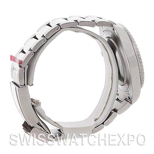 Side view of a Rolex GMT-Master 116710 Men's Stainless Steel Black Dial 116710 Men's Stainless Steel Black Dial watch showcasing the bracelet, clasp, and case.