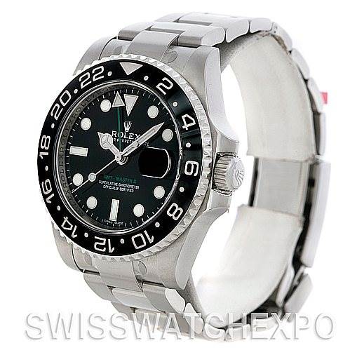 The image shows a Rolex GMT-Master 116710 Men's Stainless Steel Black Dial 116710 Men's Stainless Steel Black Dial watch from a slight side angle, highlighting its bezel, dial, and stainless steel bracelet.