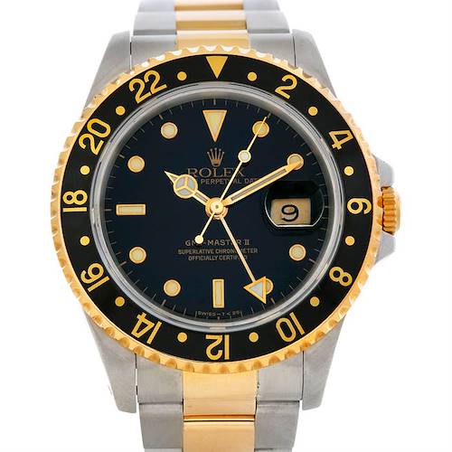 Photo of Mens 18k Yellow Gold Steel Rolex GMT Master II Watch 16713