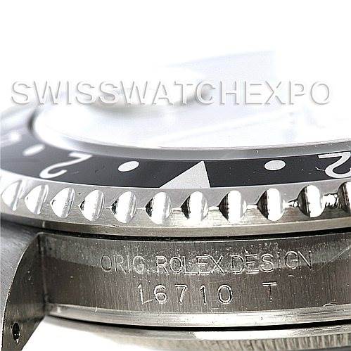 The image shows a close-up side view of the bezel and case of a Rolex GMT-Master 16710 Men's Stainless Steel Black Dial 16710 Men's Stainless Steel Black Dial model 16710.