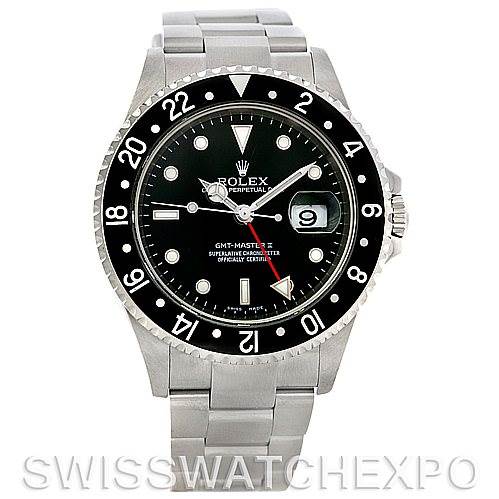 The image shows a Rolex GMT-Master 16710 Men's Stainless Steel Black Dial 16710 Men's Stainless Steel Black Dial II watch from a front angle, featuring the watch face, bezel, and bracelet.