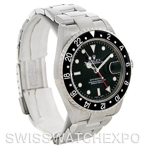The image shows a side angle of the Rolex GMT-Master 16710 Men's Stainless Steel Black Dial 16710 Men's Stainless Steel Black Dial watch, highlighting the bezel, case, dial, and bracelet.