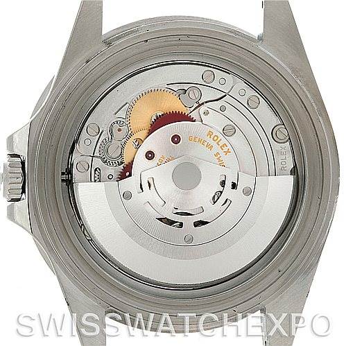 This image shows the back view of a Rolex GMT-Master 16710 Men's Stainless Steel Black Dial 16710 Men's Stainless Steel Black Dial watch, focusing on its internal mechanical movement parts.