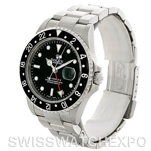 The image shows a front and side angle of a Rolex GMT-Master 16710 Men's Stainless Steel Black Dial 16710 Men's Stainless Steel Black Dial watch, highlighting the bezel, dial, case, and metal bracelet.