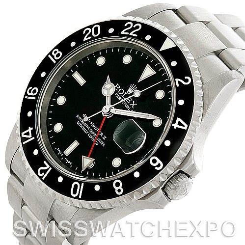 The image shows a close-up angle of the Rolex GMT-Master 16710 Men's Stainless Steel Black Dial 16710 Men's Stainless Steel Black Dial watch, highlighting the dial, bezel, and part of the bracelet.