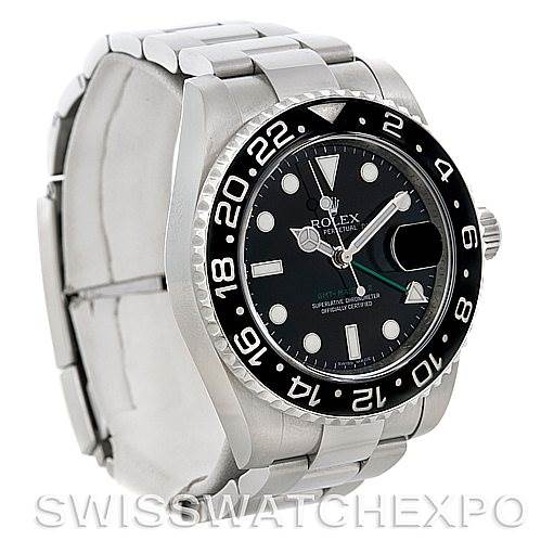 The image shows a Rolex GMT-Master 116710 Men's Stainless Steel Black Dial 116710 Men's Stainless Steel Black Dial watch from a front-left angle, highlighting its bezel, dial, and bracelet.