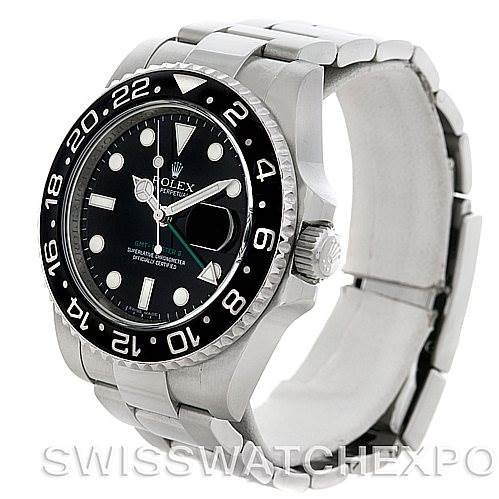The image shows a side angle of a Rolex GMT-Master 116710 Men's Stainless Steel Black Dial 116710 Men's Stainless Steel Black Dial watch, featuring the bezel, dial, crown, and bracelet.
