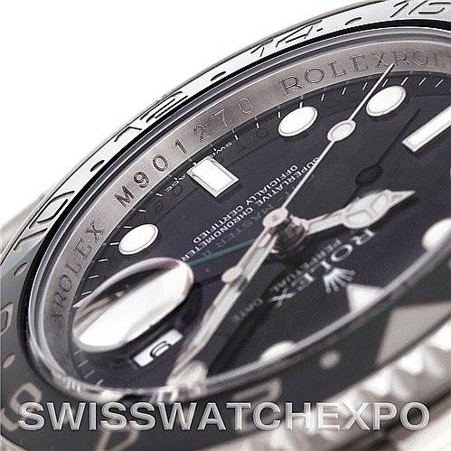 This image shows a close-up of the dial and bezel of a Rolex GMT-Master 116710 Men's Stainless Steel Black Dial 116710 Men's Stainless Steel Black Dial watch, highlighting the hour markers, hands, and part of the date window.
