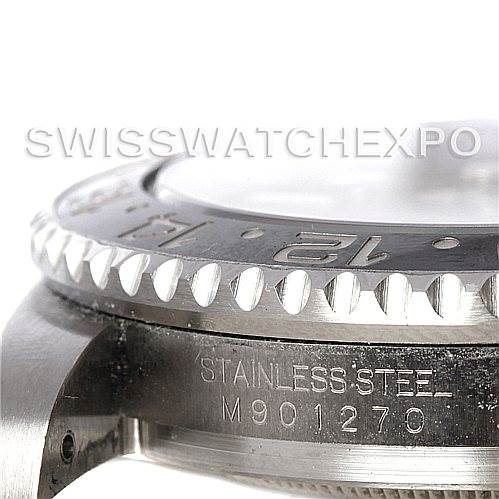The image shows a close-up side view of a Rolex GMT-Master 116710 Men's Stainless Steel Black Dial 116710 Men's Stainless Steel Black Dial watch focusing on its stainless steel case and bezel.