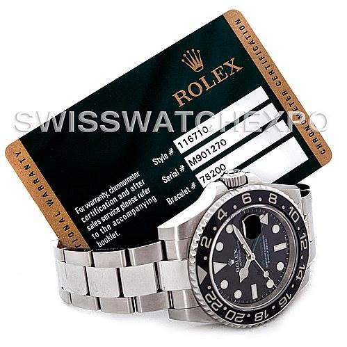 The image shows a side angle of a Rolex GMT-Master 116710 Men's Stainless Steel Black Dial 116710 Men's Stainless Steel Black Dial watch, highlighting its bezel, dial, and bracelet, alongside a certification card.