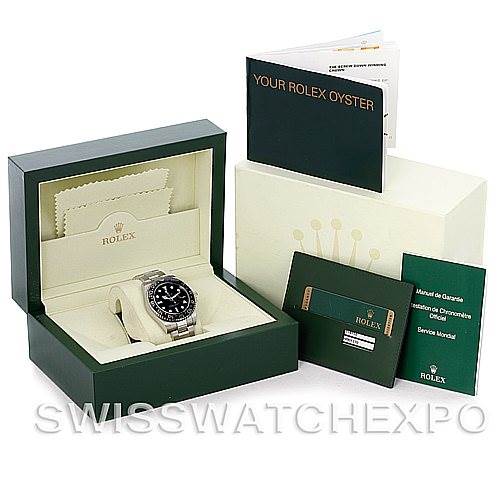 This image shows a Rolex GMT-Master 116710 Men's Stainless Steel Black Dial 116710 Men's Stainless Steel Black Dial watch in its box, with manuals, warranty card, and a cleaning cloth.