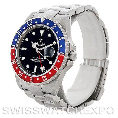 The image shows a Rolex GMT-Master 16710 Men's Stainless Steel Black Dial 16710 Men's Stainless Steel Black Dial watch at an angled side view, highlighting the bezel, dial, crown, and bracelet.