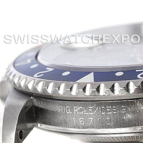 This image shows a close-up of the side of a Rolex GMT-Master 16710 Men's Stainless Steel Black Dial 16710 Men's Stainless Steel Black Dial, highlighting the model number 16710 and part of the bezel and case.