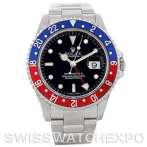 The image shows the front view of a Rolex GMT-Master 16710 Men's Stainless Steel Black Dial 16710 Men's Stainless Steel Black Dial watch, highlighting its bezel, dial, and bracelet.