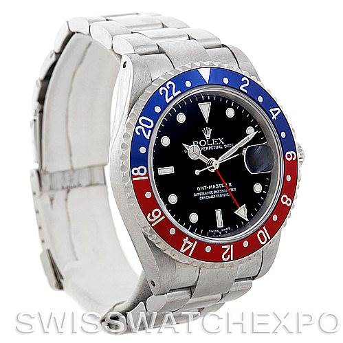 This image shows a Rolex GMT-Master 16710 Men's Stainless Steel Black Dial 16710 Men's Stainless Steel Black Dial watch at a three-quarter angle, highlighting the bezel, dial, and part of the bracelet.