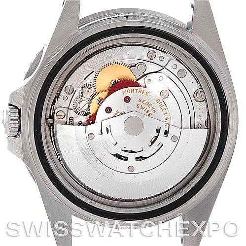 This image shows the back view of a Rolex GMT-Master 16710 Men's Stainless Steel Black Dial 16710 Men's Stainless Steel Black Dial watch, focusing on its exposed internal movement and mechanics.