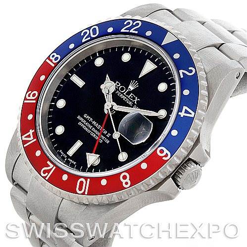 The image shows a Rolex GMT-Master 16710 Men's Stainless Steel Black Dial 16710 Men's Stainless Steel Black Dial II watch, highlighting its face, pepsi bezel, bracelet, and crown at a slight angle.